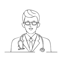 Fototapeta premium Line art portrait of a smiling male doctor in a lab coat with a stethoscope
