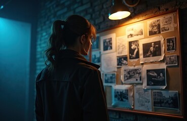 Obraz premium Woman detective studies evidence board in dimly lit office. Focused on crime investigation, analyzing case files, photographs, clues. Determined officer works at night, solving mystery with logic,