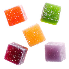 Colorful sugar coated jelly cubes isolated on a transparent background
