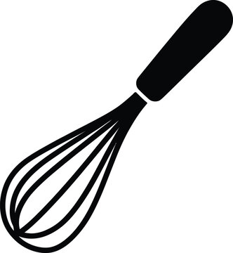 Simple black silhouette of a kitchen whisk with a solid handle and wire loops on a white background