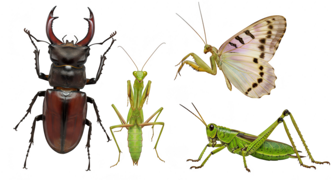 Photo of a diverse group of insects, including a stag beetle, praying mantis, grasshopper, and butterfly isolated on transparent background