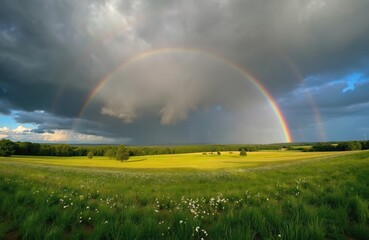 Vibrant double rainbow arcs over a green meadow after a storm. Dark clouds contrast with sunlit fields and blue sky patches. Rural landscape displays nature beauty with light and shadow play.