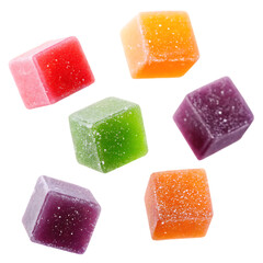 Colorful sugar coated jelly cubes isolated on a transparent background