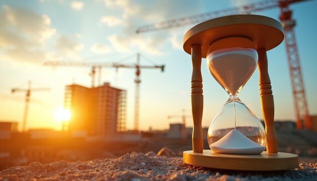 Hourglass measures time at construction site during sunset. Cranes build skyscrapers as project deadline approaches. Urban development, real estate progress, and construction management concepts.