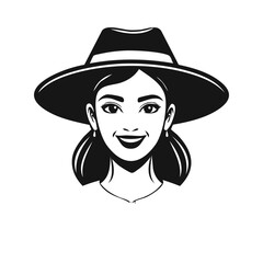 Black and white vector portrait of a beautiful smiling woman wearing a stylish hat