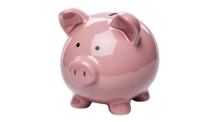 A classic ceramic piggy bank, rendered in a soft, dusty rose hue, sits on a stark white background