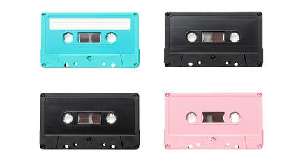 Obraz premium Photo of a stylish set of vintage audio cassette tapes in turquoise, black, and pink isolated on transparent background