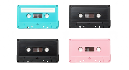 Photo of a stylish set of vintage audio cassette tapes in turquoise, black, and pink isolated on transparent background