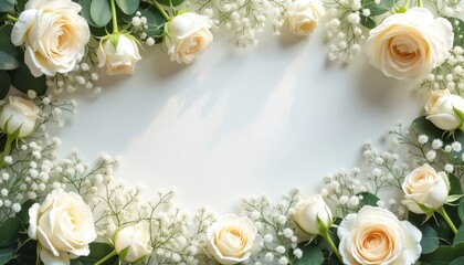 Soft focus floral border featuring cream roses, baby breath, arranged elegantly with eucalyptus leaves. Romantic, dreamy aesthetic enhanced by soft, high-key lighting, creating gentle feminine design