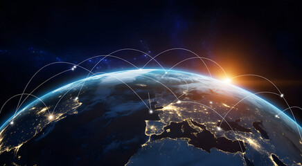 Global Connectivity: A breathtaking view of Earth from space, adorned with glowing lines, signifying the seamless connection of global networks, internet, and technological advancement.
