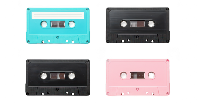 Photo of a stylish set of vintage audio cassette tapes in turquoise, black, and pink isolated on transparent background
