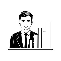 Smiling businessman in a suit presenting a successful financial growth bar chart
