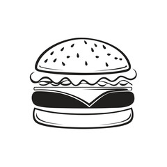 Monochrome hamburger icon with sesame seed bun. Simple black and white line art vector for fast food menu.