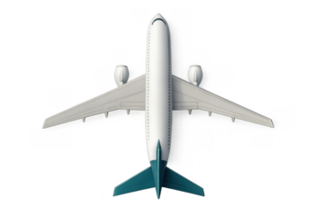 White and teal passenger airplane flying with transparent background