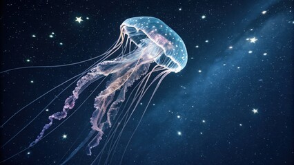 Fototapeta premium Elegant jellyfish floating through starry night sky creates a magical underwater fantasy scene