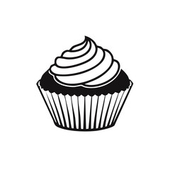 Stylized black and white graphic of a cupcake with swirl frosting and paper liner