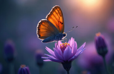Macro photo of orange butterfly resting on purple flower petals. Gentle sunlight illuminates delicate wings, fuzzy body. Soft focus background of blooming garden flowers. Nature scene evoking peace,