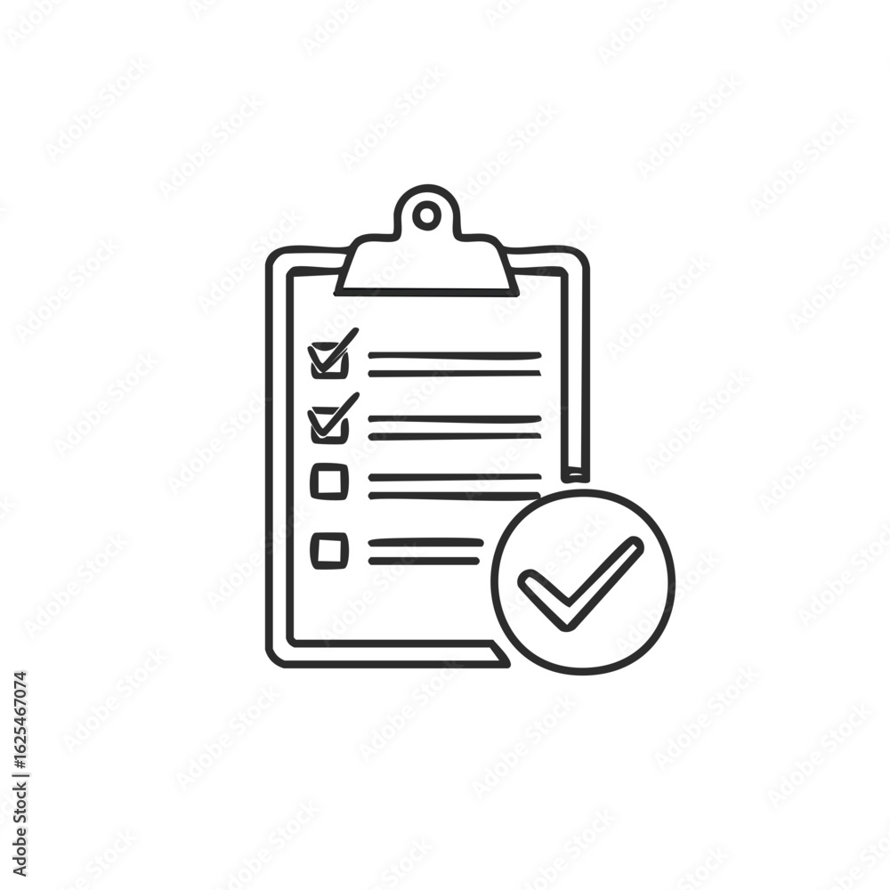 Poster black line art checklist icon with checkmarks and circle check sign