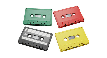 Obraz premium Photo of a vibrant collection of retro audio cassettes isolated on transparent background, showcasing a colorful array of vintage music technology