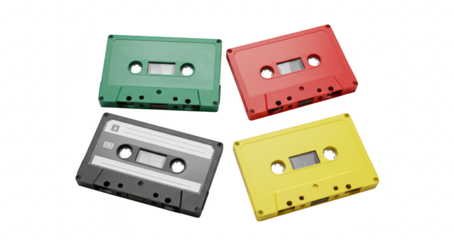 Photo of a vibrant collection of retro audio cassettes isolated on transparent background, showcasing a colorful array of vintage music technology