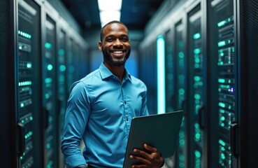 Naklejka premium Smiling African American man holds laptop in modern server room. Professional IT technician with confident expression works with network hardware, data storage, and computer systems.