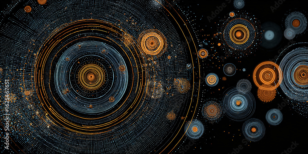 Poster abstract dark background with circular patterns and particles. various circles on black background. 