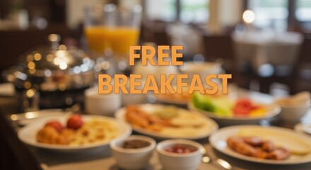 "Free Breakfast" text overlay on a blurred photo of a hotel or buffet breakfast spread.