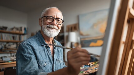 A senior man in his late 60s, with a content smile, focused on painting on a canvas in a well-lit, airy studio. 