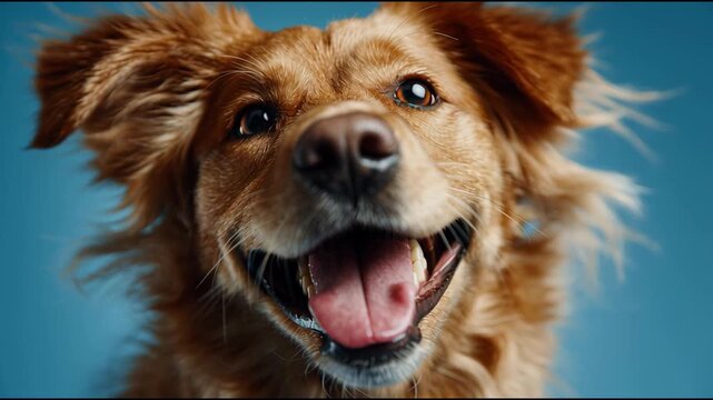 Joyful Close-Up of Happy Fluffy Brown Dog with Tongue Out and Bright Eyes Against Blue Background in Studio Setting Perfect for Pet Lovers and Animal Enthusiasts Seeking Loveable Canine Expressions
