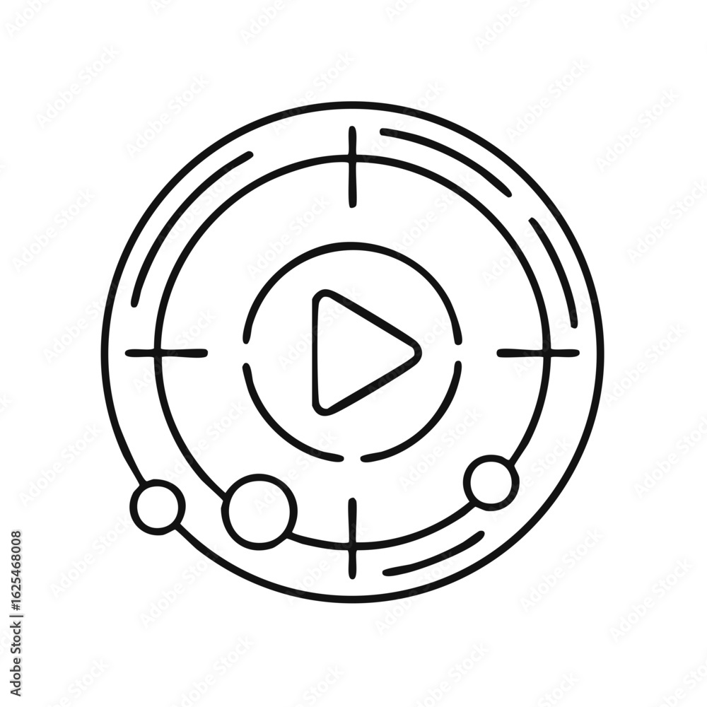 Poster simple outline play icon surrounded by abstract target aim and sound wave elements