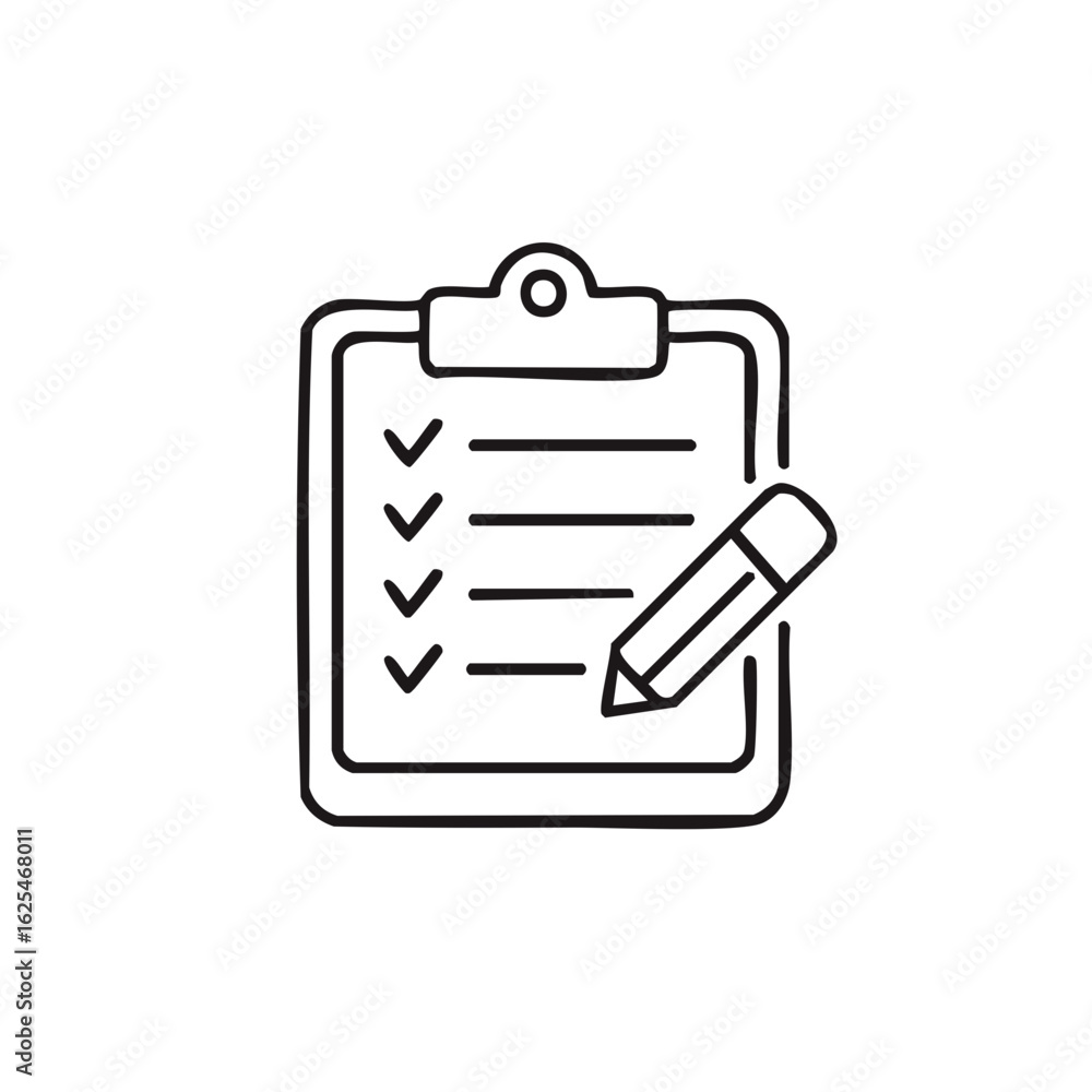 Aufkleber outline doodle of a clipboard with a marked checklist and pencil for task planning and completion