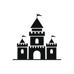 Obraz premium Simple black silhouette icon of a medieval fairytale castle. Fantasy kingdom fortress with towers and flags.