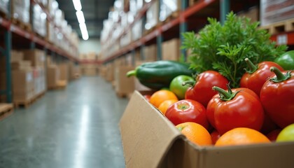 Fresh produce including tomatoes, oranges, apples, greens in cardboard box inside large warehouse storage facility with tall shelves stacked with goods. Refrigeration units maintain cold temperatures