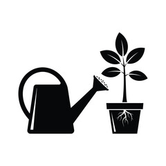 Obraz premium Vector art of black silhouette of a watering can next to a potted plant with visible roots, isolated on white background