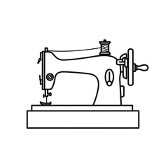 Vector art of black silhouette outline of a vintage sewing machine with a spool of thread, isolated on white background