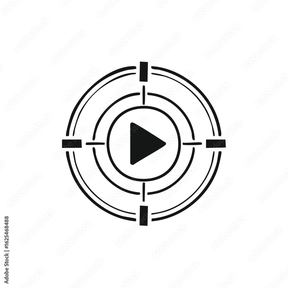 Poster digital video play button icon centered in a target crosshair symbol