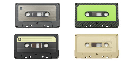 Obraz premium Photo of a collection of vintage audio cassettes isolated on transparent background, showcasing a variety of designs and colors from the past