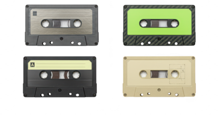 Photo of a collection of vintage audio cassettes isolated on transparent background, showcasing a variety of designs and colors from the past