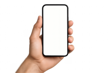 Hand holding smartphone with blank screen on transparent background