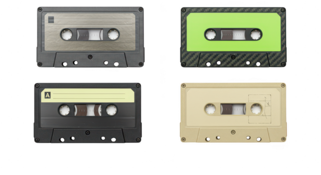 Photo of a collection of vintage audio cassettes isolated on transparent background, showcasing a variety of designs and colors from the past
