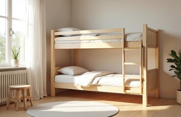 Light wood bunk bed in bright minimalist kids bedroom. Natural pine wood frame, clean white bedding, pillows. Ladder access. Sunlit room with window, plant, round rug, stool. Modern, cosy child sleep