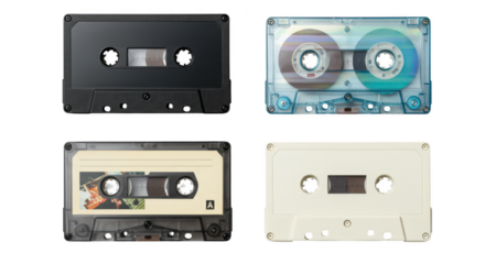 Photo of a collection of vintage audio cassettes isolated on transparent background, showcasing a variety of styles and designs from different eras