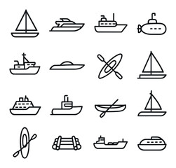 Marine linear icon set. featuring sailboat, yacht, cargo ship, submarine, kayak, rowing boat, and more.