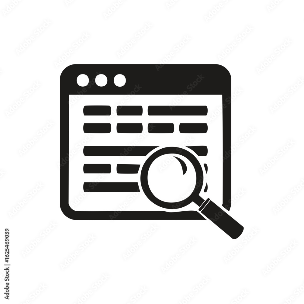 Poster browser window and magnifying glass icon for web search and analysis
