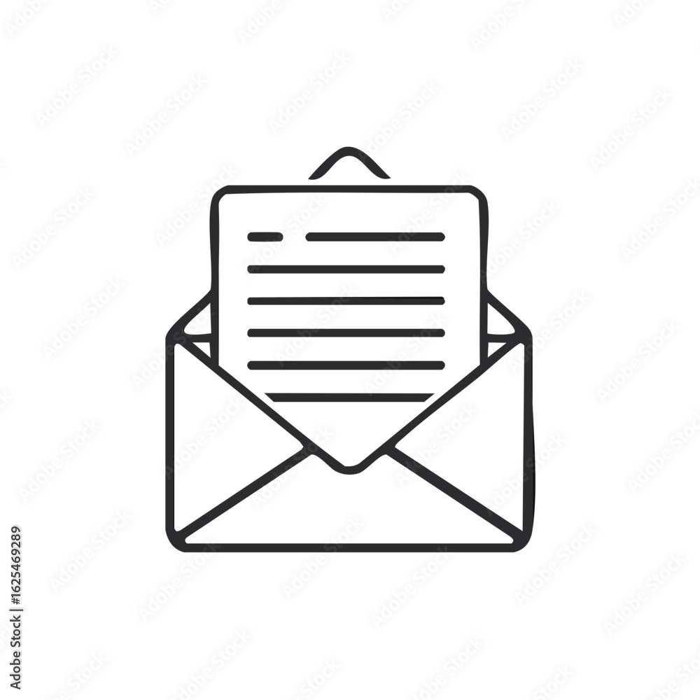 Poster simple line art icon of an open envelope with a letter or message