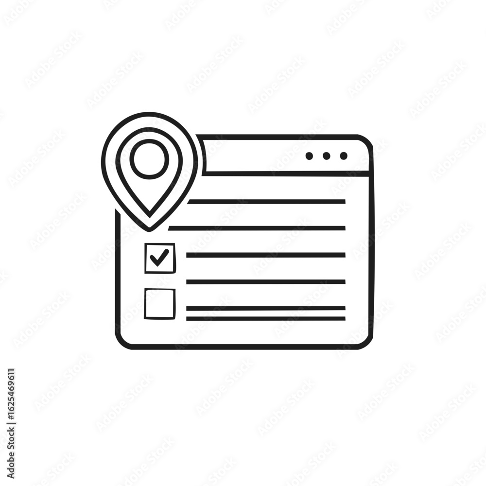 Aufkleber online checklist with map pin marking the selection and completed tasks in simple line art style