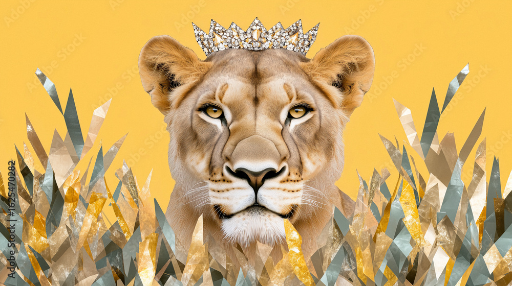 Poster abstract geometric portrait of a crowned lioness resting in angular tall grass