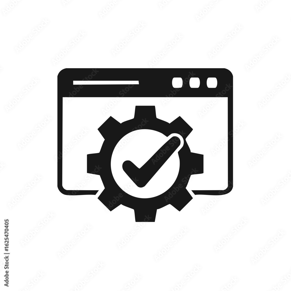 Poster website settings gear with check mark symbol flat icon representing successful configuration or opti