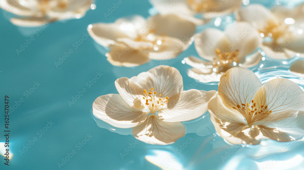 Poster cinematic macro of translucent abstract petals hovering above an aqua