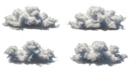 Photo of four fluffy gray and white clouds isolated on transparent background, perfect for adding depth to any design